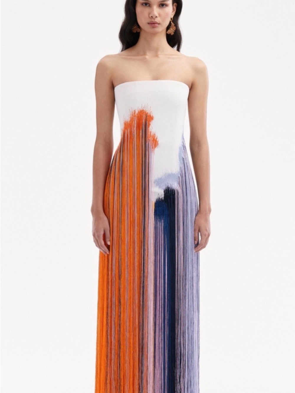 Strapless White Dress with Orange and Purple Painterly Fringe